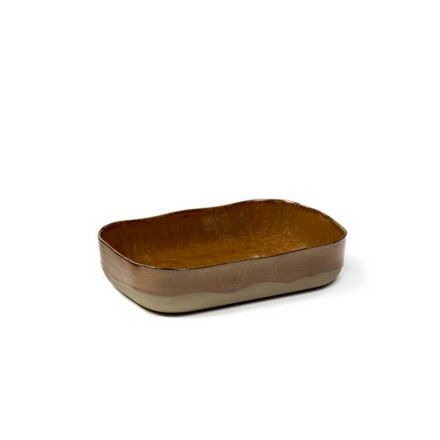 Petit plat à four rectangulaire Merci n°5 ocre/brun