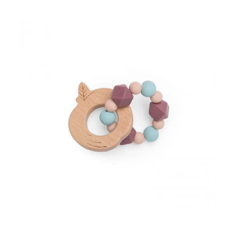 Hochet anneau de dentition bois et silicone pomme