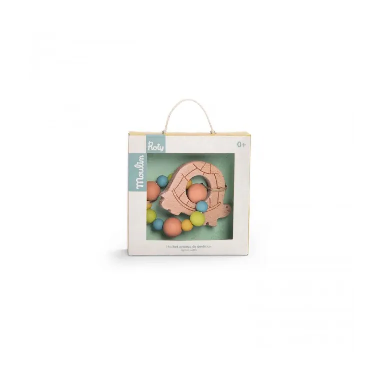 Hochet anneau de dentition bois et silicone tortue