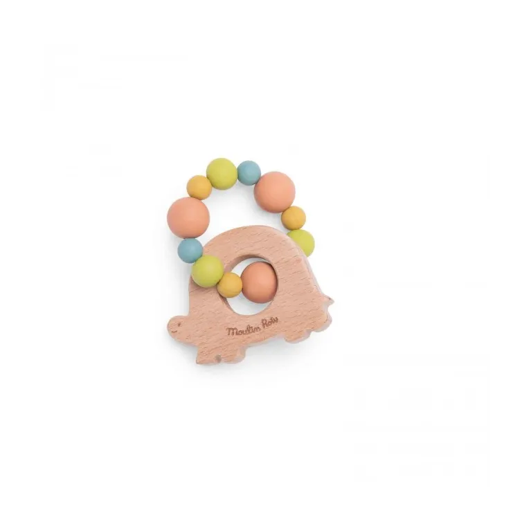 Hochet anneau de dentition bois et silicone tortue
