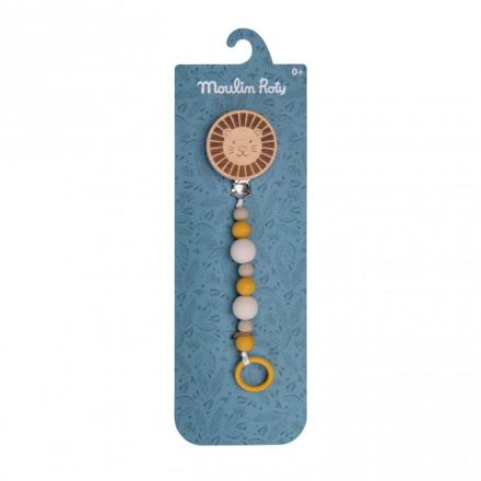 Attache tétine bois et silicone lion