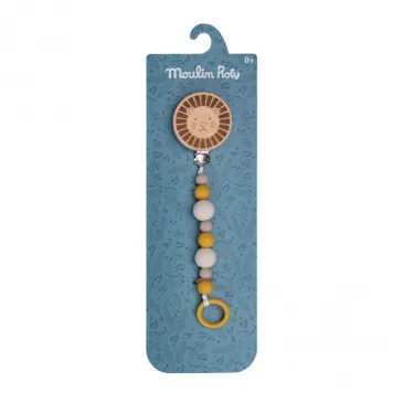 Attache tétine bois et silicone lion