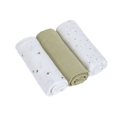 Lange mousseline GOTS L - Feuille Olive - 3 pièces