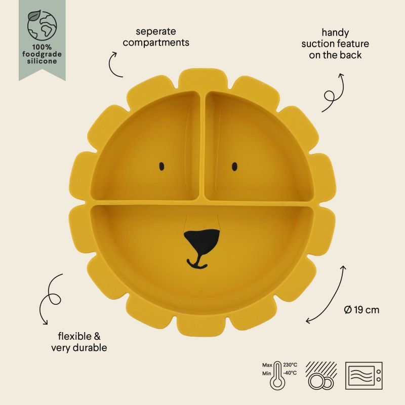 Assiette avec ventouse en silicone - Avec compartiments - Lion