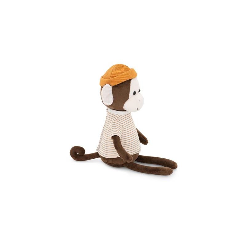 Peluche singe dans sa boîte bonnet orange