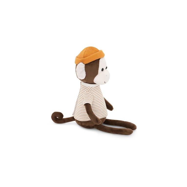 Peluche singe dans sa boîte bonnet orange