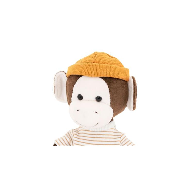 Peluche singe dans sa boîte bonnet orange