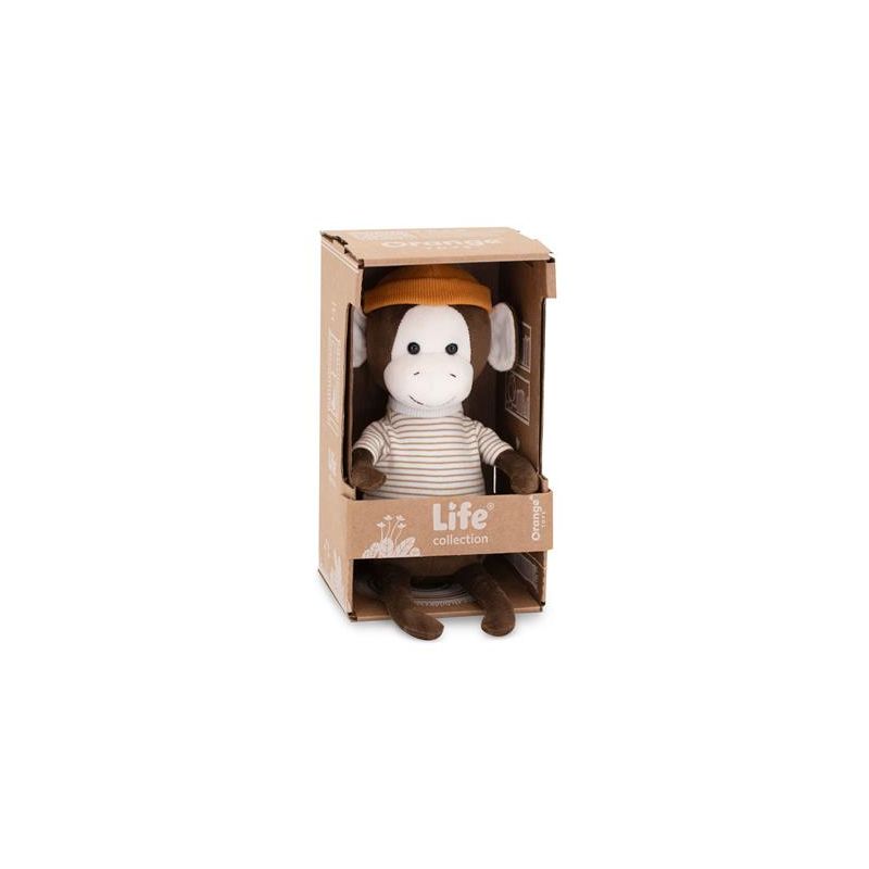 Peluche singe dans sa boîte bonnet orange