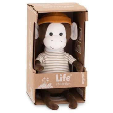 Peluche singe dans sa boîte bonnet orange