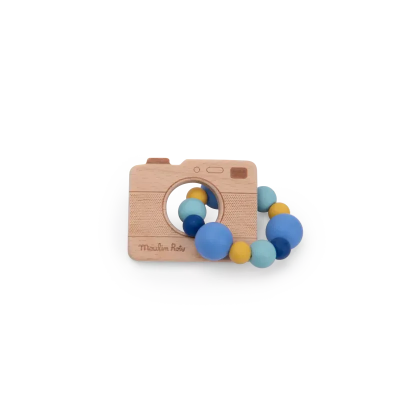 Hochet anneau de dentition - Appareil photo bois et silicone 