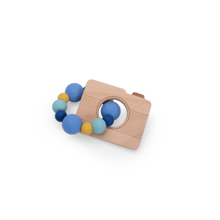 Hochet anneau de dentition - Appareil photo bois et silicone 