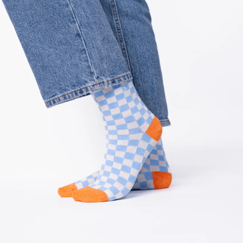 Chaussettes à carreaux femme - Bleu clair et beige