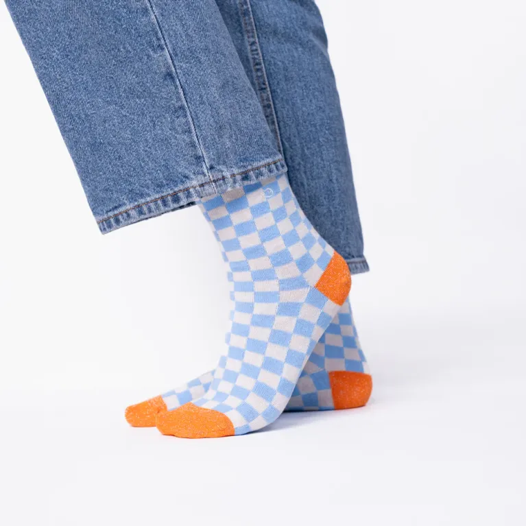 Chaussettes à carreaux femme - Bleu clair et beige
