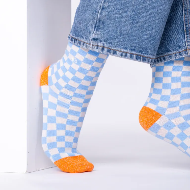Chaussettes à carreaux femme - Bleu clair et beige