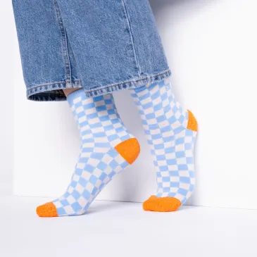 Chaussettes à carreaux femme - Bleu clair et beige