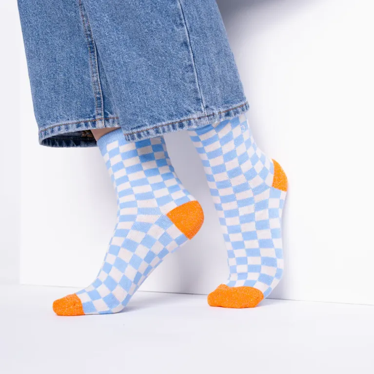 Chaussettes à carreaux femme - Bleu clair et beige