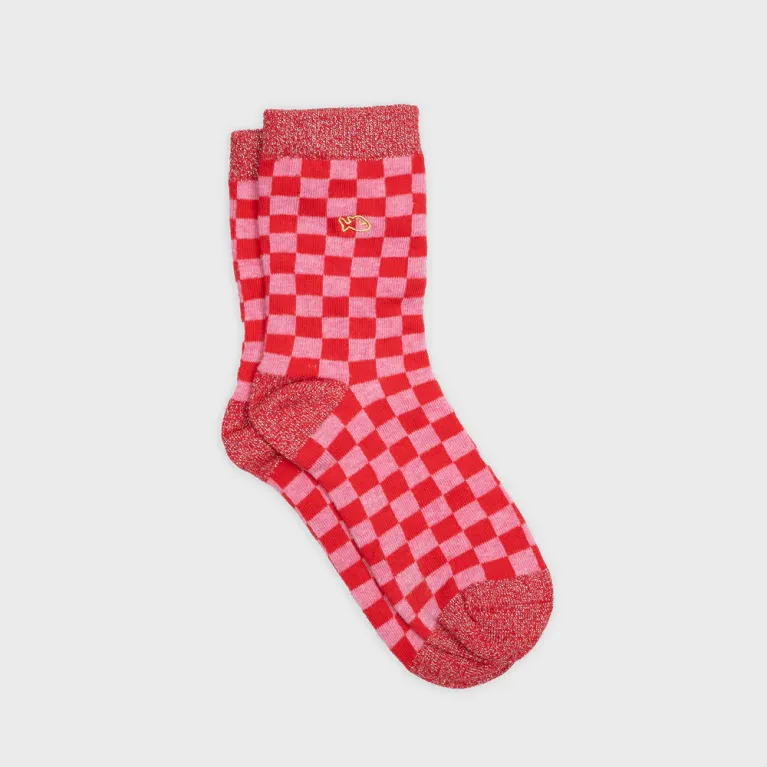 Chaussettes à carreaux femme - Rose et rouge