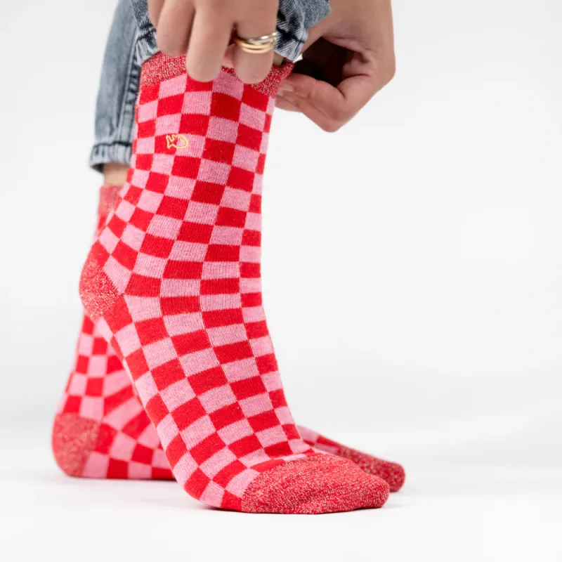 Chaussettes à carreaux femme - Rose et rouge
