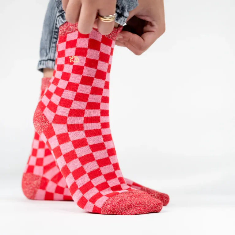 Chaussettes à carreaux femme - Rose et rouge
