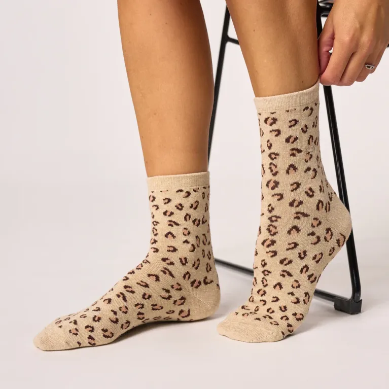 Chaussettes en coton - Taille 37-40 - Leopard - Beige et doré
