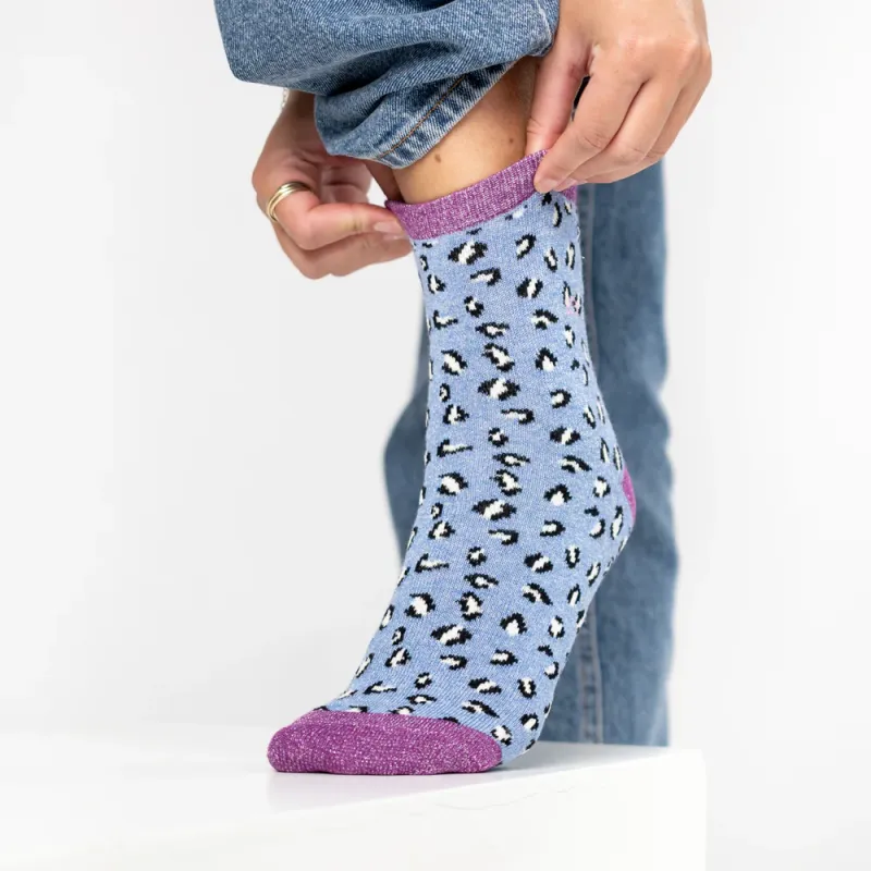 Chaussettes léopard pailletées - Taille 37-40 - Bleu 