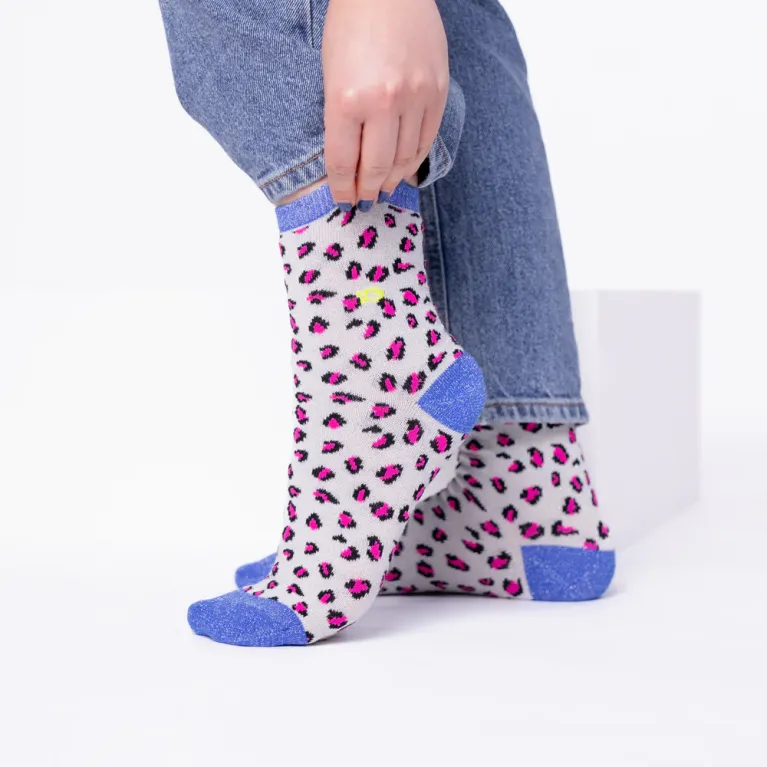 Chaussettes léopard paillettées - Blanc et bleu 