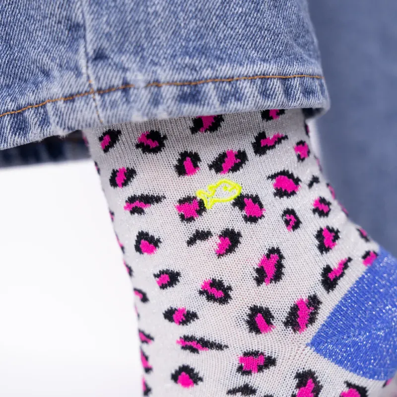 Chaussettes léopard paillettées - Blanc et bleu 