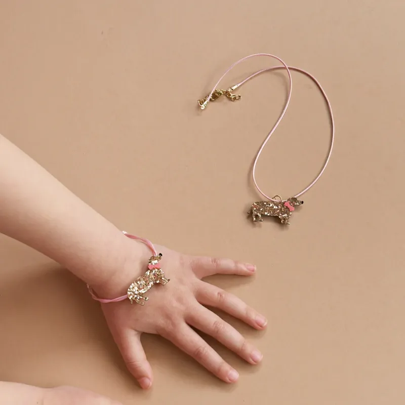 Coffret bijoux et accessoires cheveux - Teckel - Rose et doré