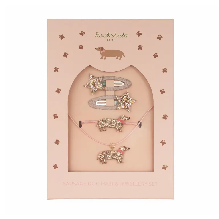 Coffret bijoux et accessoires cheveux - Teckel - Rose et doré
