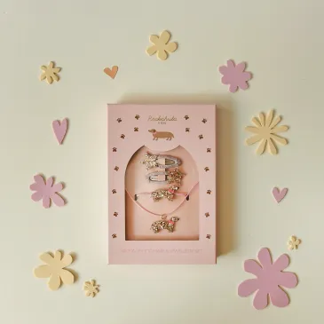 Coffret bijoux et accessoires cheveux - Teckel - Rose et doré