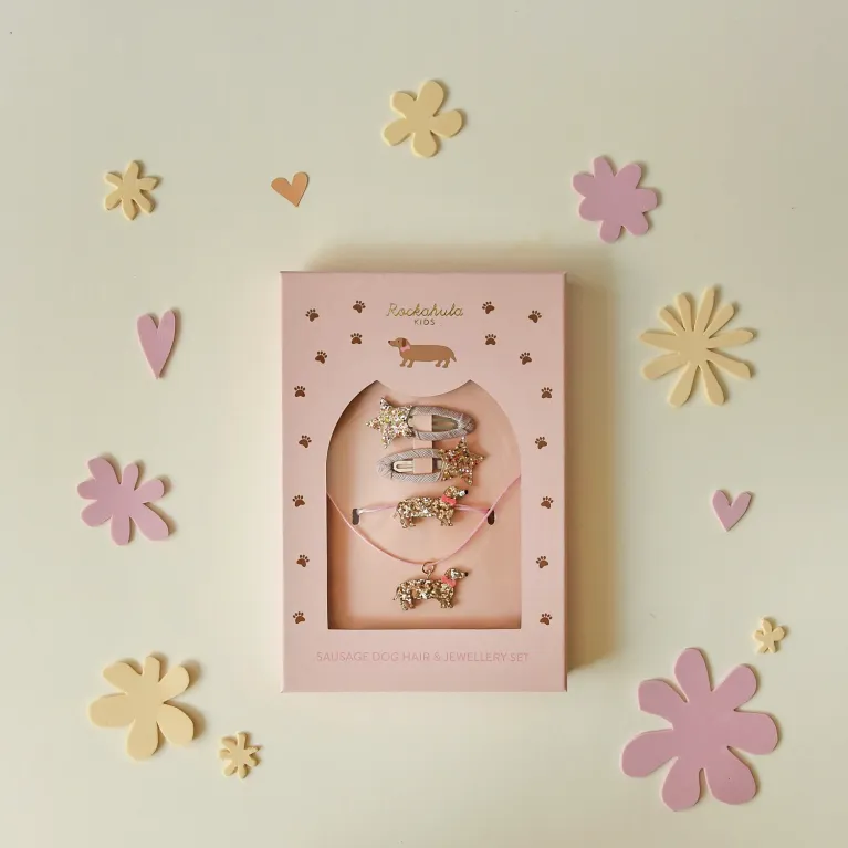 Coffret bijoux et accessoires cheveux - Teckel - Rose et doré