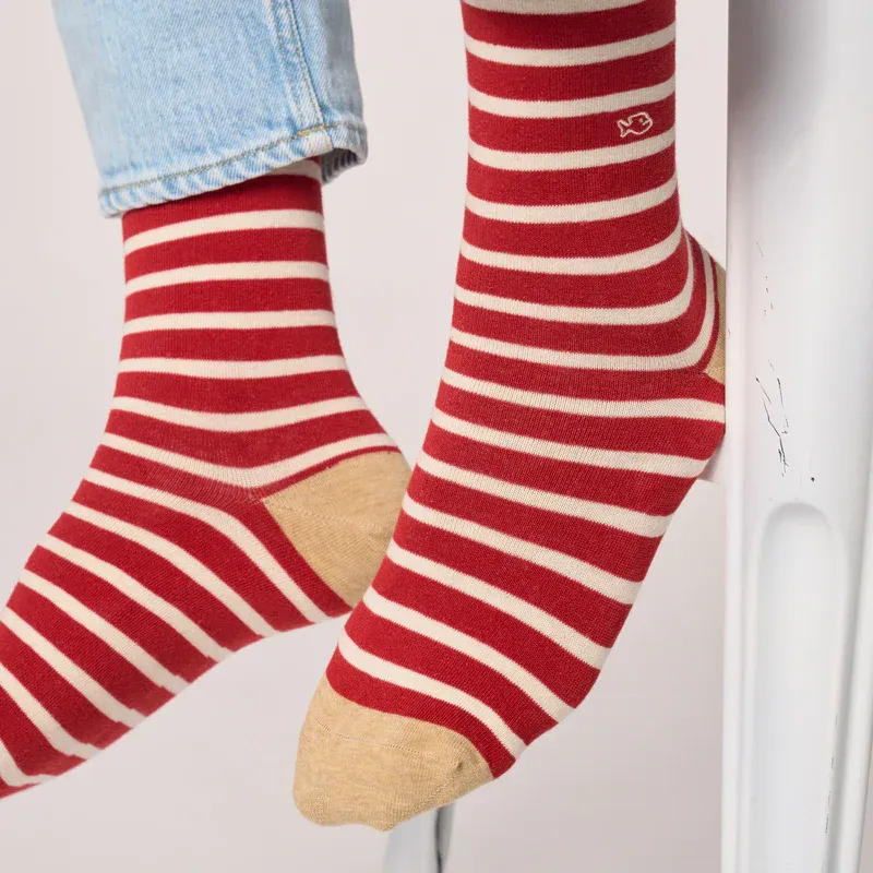 Paire de chaussettes - 41-46 - Rouge rayé beige
